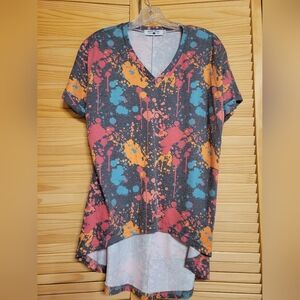 Crazy Train Colorful Splatter V-Neck Women's Tee size Medium high low